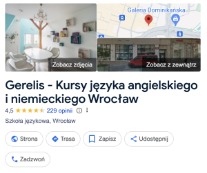 opinie szkoły językowej Gerelis w Google 